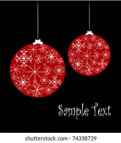Christmas card with red glass balls with snowflake pattern over black background. Vector illustration
