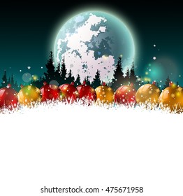 christmas card with red and gold balls on pine tree silhouette background