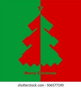 Christmas card with red and green Christmas tree with colored stars on a contrasting background with the inscription Merry Christmas