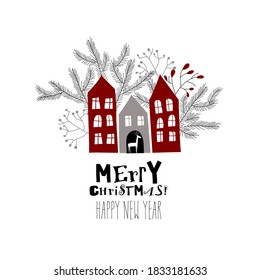 Christmas card with red houses and fir branches