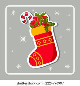 Christmas card with red knitted Christmas sock. Winter sticker. Gifts in stocking. Greeting card, frame for Christmas, New Year. Winter Holiday Decoration. Festive decoration. Vector illustration