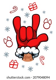 christmas card. red mittens. the goat gesture. color vector illustration. a youth gesture.