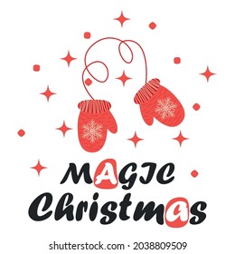 Christmas card with red mittens and lettering. Warm wishes. Cute romantic winter illustration, poster, christmas card, banner, sticker, gift tag. Cozy winter art.