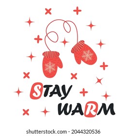 Christmas card with red mittens and lettering. Warm wishes. Cute romantic winter illustration, poster, christmas card, banner, sticker, gift tag. Cozy winter art.