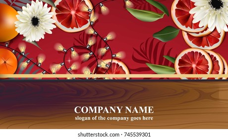 Christmas card with red orange slices and lights Vector
