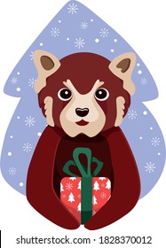 Christmas card with Red Panda. Rare wild animals. Cute character. Vector illustration