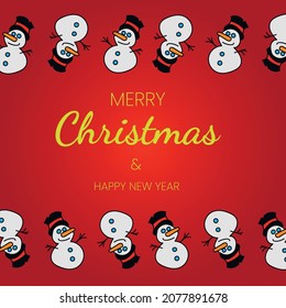 Christmas card in red with a picture of many snowmen