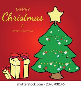 Christmas card in red with a picture of a Christmas tree with garlands and gifts in jelly packaging with red bows
