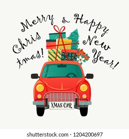 Christmas card. Red retro car with a fir tree and gifts. Vector illustration.