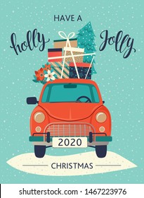 Christmas card. Red retro car with a fir tree and gifts. Vector illustration.