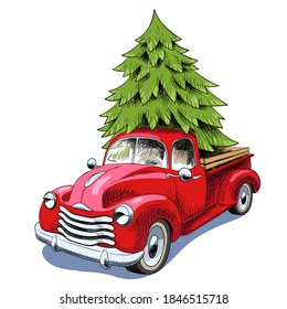 Christmas card  Red retro truck and Christmas tree  isolated white  vector illustration 
