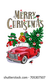 Christmas card. Red retro truck with a fir tree, gifts and a Snowman. Vector illustration.