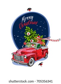 Christmas card. Red retro truck with a fir tree, gifts and the Dachshund in a scarf on a night. Vector illustration.