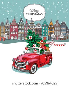 Christmas card. Red retro truck with a fir tree, gifts and the Dachshund in a scarf in the European city. Vector illustration.