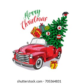 Christmas Card. Red Retro Truck With A Fir Tree And Gifts. Vector Illustration.