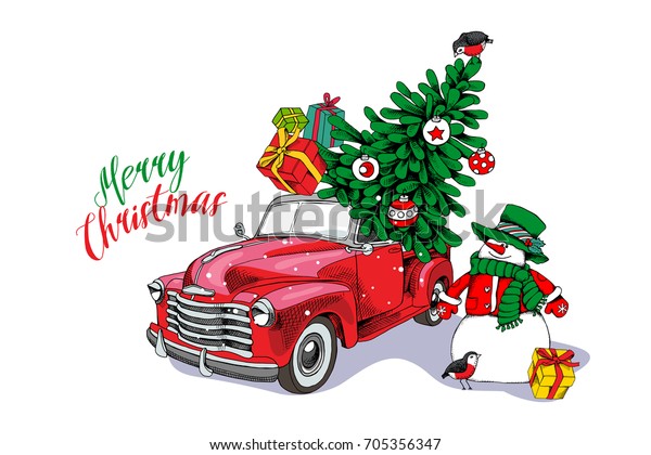 Christmas card. Red retro truck with a fir\
tree, gifts and a Snowman. Vector\
illustration.