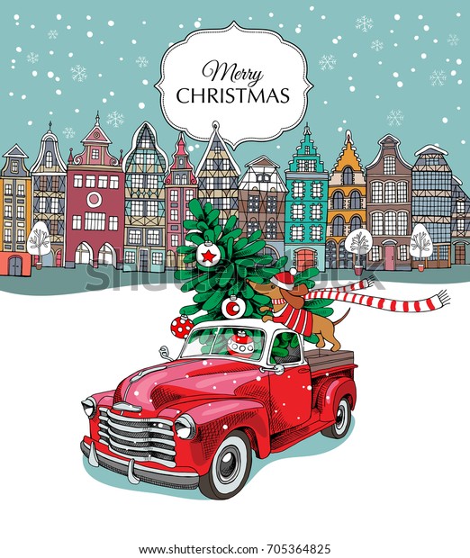 Christmas card. Red retro truck with a fir\
tree, gifts and the Dachshund in a scarf in the European city.\
Vector illustration.