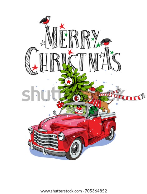 Christmas card. Red retro\
truck with a fir tree, gifts and the Dachshund in a scarf. Vector\
illustration.