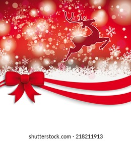 Christmas card with red ribbon, snow, stars and rentier. Eps 10 vector file.