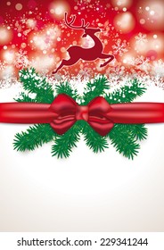 Christmas card with red ribbon, snow, twigs and lights on the white background. Eps 10 vector file.