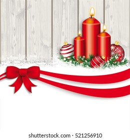 Christmas card with red ribbon, snow, candles, baubles and wooden wall. Eps 10 vector file.