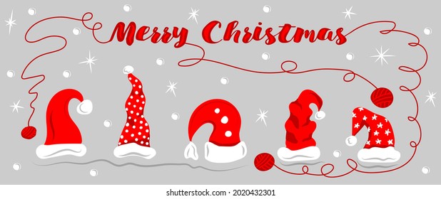 Christmas card with red santa hats, snowballs and stars. Christmas and new years holidays vector decoration in doodle style. 