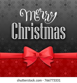 Christmas card with red satin bow and snowflakes on a dark background. Lettering  merry christmas. Vector illustration.