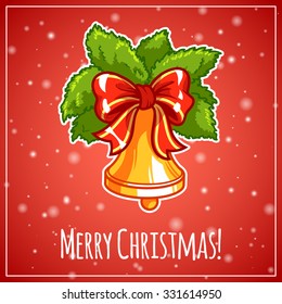 Christmas card in red tones. Christmas bell on red background. Vector clip-art illustration.