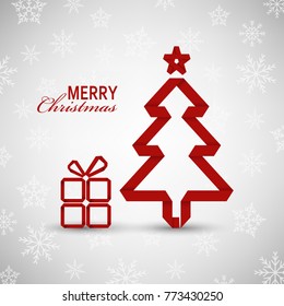 Christmas card with red tree and gift on snowy background