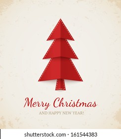 Christmas card. Red tree on beige textured  background