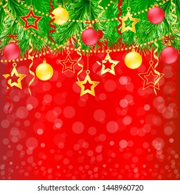 Christmas card red vector background illustration pine fir tree ornaments