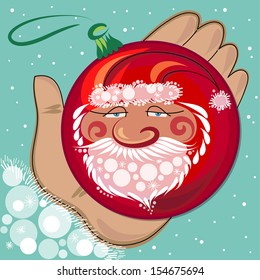 Christmas card with the reflection of Santa Claus in Christmas Toy on the blue background.