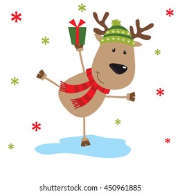 Christmas card with reindeer bring gift design