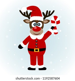 Christmas card. Christmas Reindeer with candy cane. Flat design. Vector Illustration