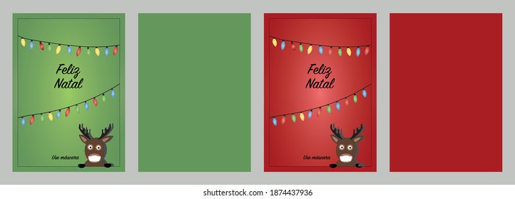 Christmas card with reindeer design and christmas lights - christmas flyer with space to write text - Marry Christmas, Stay safe (In portuguese: Feliz Natal, Use máscara)