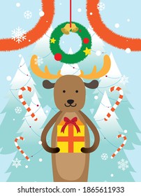 Christmas card with reindeer giving present, christmas vector illustration, trees background with decorations and candies, Christmas gift