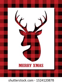 Christmas Card With Reindeer Head On Buffalo Plaid Texture. Vector Template