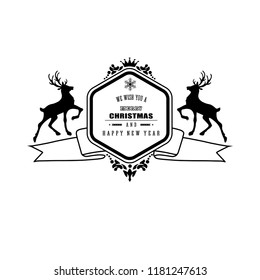 Christmas card with reindeer. Holiday background with deers, decorative elements, merry Christmas and happy new year lettering. Vector illustration