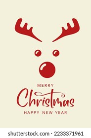 Christmas card with reindeer. Merry Christmas and Happy New Year lettering. Vector illustration