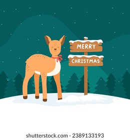 Christmas card with reindeer, Merry Christmas and New Year