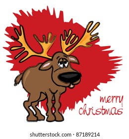 Christmas card with reindeer on red background - funny cartoon illustration