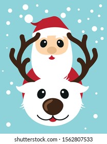 Christmas card with reindeer and Santa Claus. Vector illustration