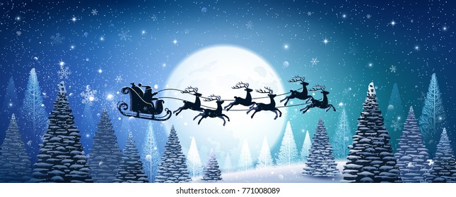 Christmas card with reindeer and Santa Claus on background of magic moon. Vector illustration