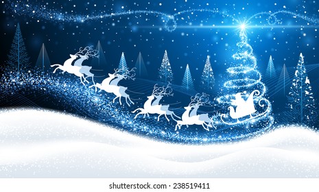 Christmas card with reindeer and Santa on background of magic trees