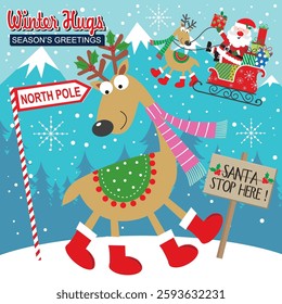 Christmas card with reindeer, Santa and sleigh