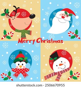 Christmas card with reindeer, santa,penguin and snowman