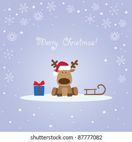 Christmas card with reindeer, sleigh and gift box.