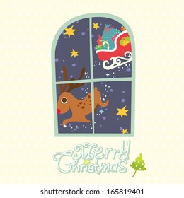 Christmas card with reindeer sleigh pulled