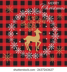 Christmas card with reindeer, snowflakes and buffalo plaid