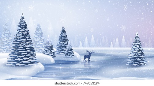 Christmas card with reindeer and snowflakes. Vector illustration